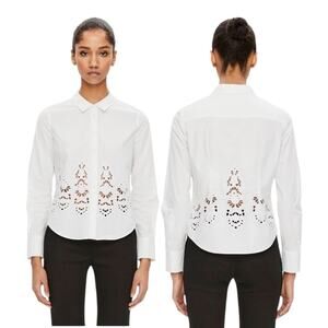 Women's Theory Embroidered Slim Shirt in White Sz Small 100% Cotton Quiet Luxury